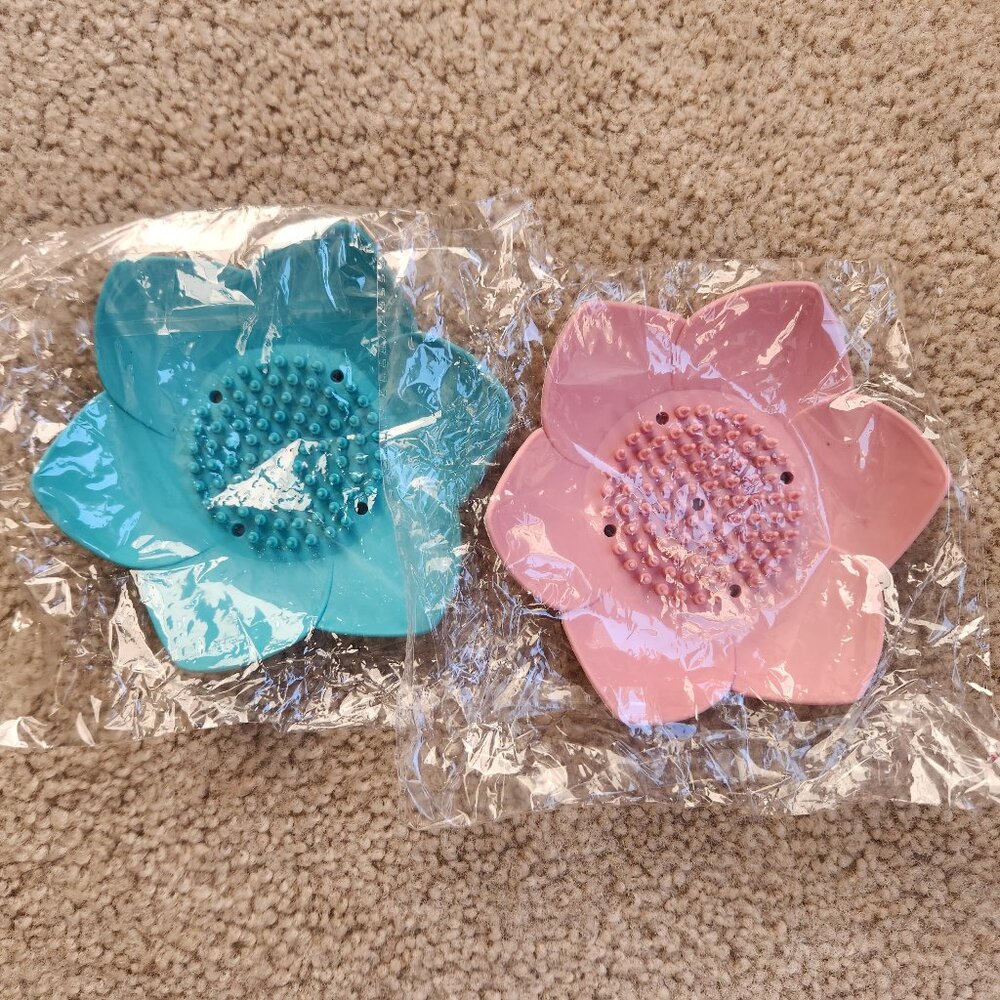 NEW 2 silicone soap dishes lotus flower pink & blue